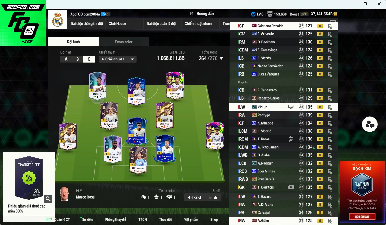 [ACC Rẻ🔥, VIP BK Tháng 5] Real Madrid 1.068.810b dư 37.000b có Kroos HG (limit), Beckham CC, Rodrygo 23HW, CR7 WC22, Valverde TY23+8, Mbappé 22UCL, Cannavaro CC, Militao 24UCL, Tchouaméni 24UCL, Mendy 23UCL, Rudiger SPL, Modric CC... HLV Xịn